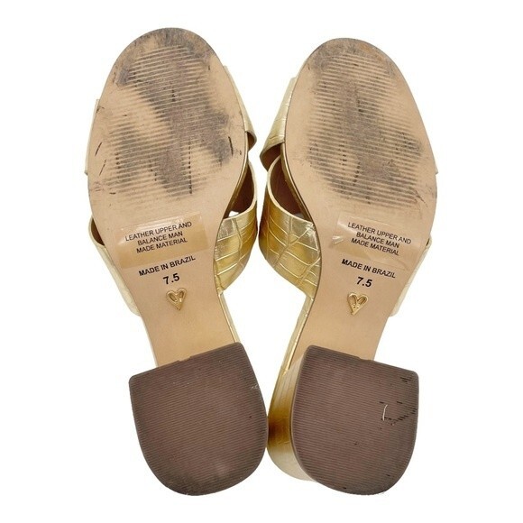 Lulus Ybarra Metallic Gold Croc-Embossed Block Heel Leather Sandals Size 7.5 - Picture 15 of 16